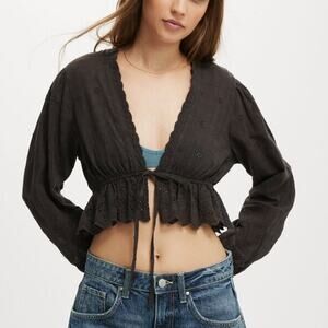 Cotton:On Size 6 Eloise Cutwork Long Sleeve Top Tie Front Eyelet Top Black